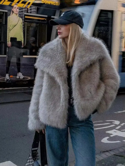 Women Elegant Faux Fur Coat Warm Fluffy Loose Long Sleeve Lapel Jacket Autumn Winter Fashion High Street Lady Outerwear