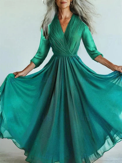 Long Sleeve Mesh Dress Vacation Vibes Full Skirt Chiffon Dress V-neck Ankle-length Regular Waistline