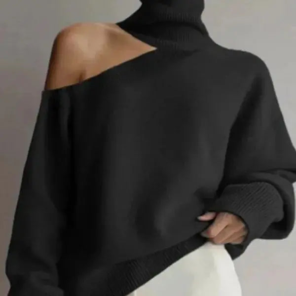 Single shoulder sleeve turtleneck pullover sweater Solid color Fashion Street Elegant Autumn
