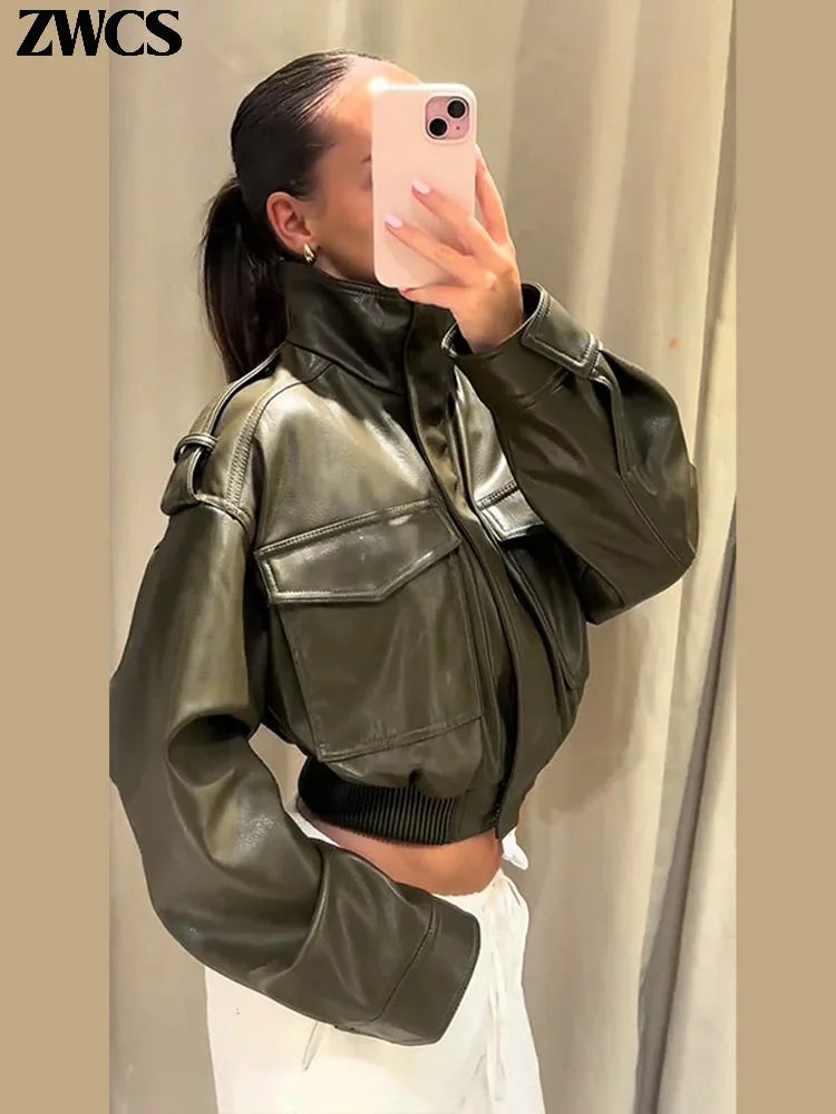 Vintage Zippers Short Leather Jackets Women's Casual Lapel Button Pockets Full Sleeve Coat 2025 Autumn New Lady Chic Streetwear