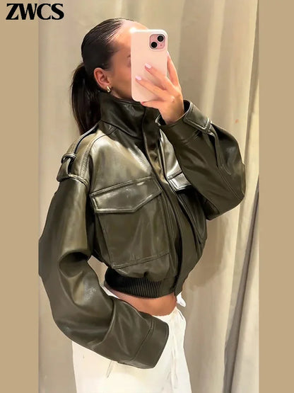 Vintage Zippers Short Leather Jackets Women's Casual Lapel Button Pockets Full Sleeve Coat 2025 Autumn New Lady Chic Streetwear