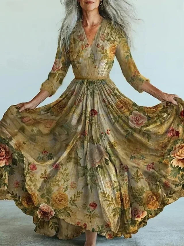 Long Sleeve Mesh Dress Vacation Vibes Full Skirt Chiffon Dress V-neck Ankle-length Regular Waistline