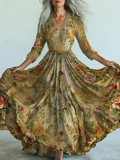 Long Sleeve Mesh Dress Vacation Vibes Full Skirt Chiffon Dress V-neck Ankle-length Regular Waistline