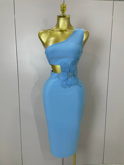 One Shoulder Pearl Sky Blue Bodycon Bandage Dress