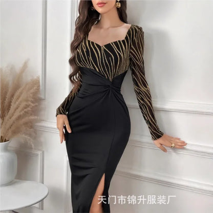 Bodycon Dress Cross V-Neck Long Sleeve Leopard