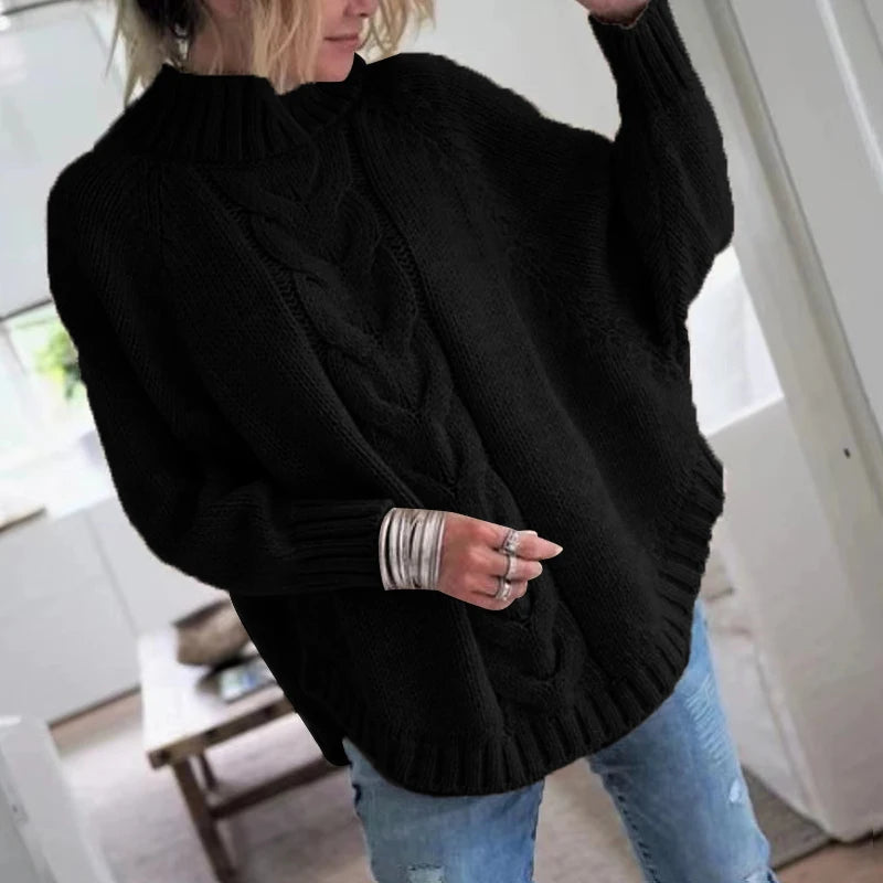 Cable Sweater  Women's Loose Fit High Neck Pullover