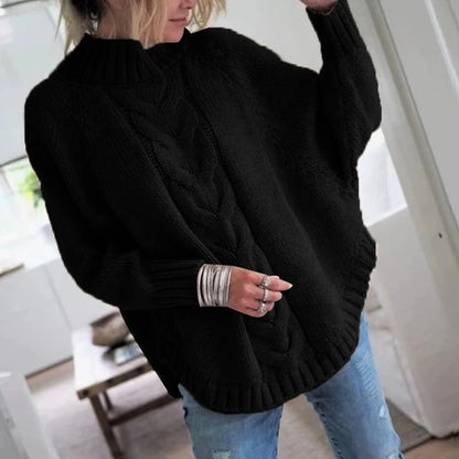 Cable Sweater  Women's Loose Fit High Neck Pullover
