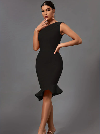 Mermaid Midi Bandage Dress Women Black Bodycon Dress.