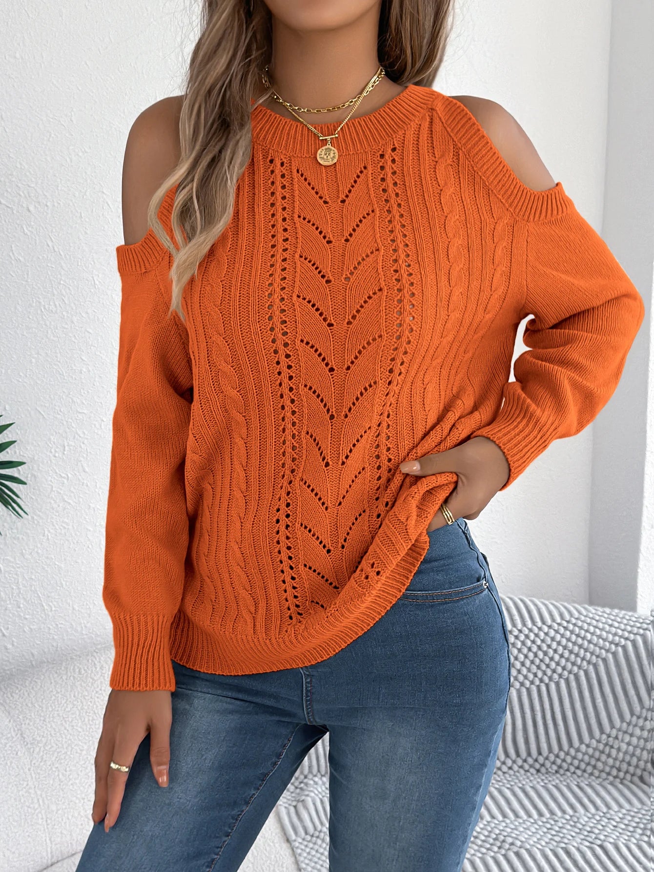 Off Shoulder Round Neck Pullover Hollow Out Twist Knitted Sweaters