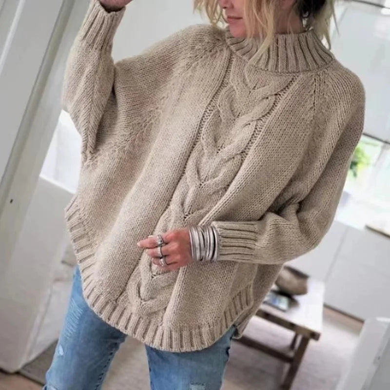 Cable Sweater  Women's Loose Fit High Neck Pullover
