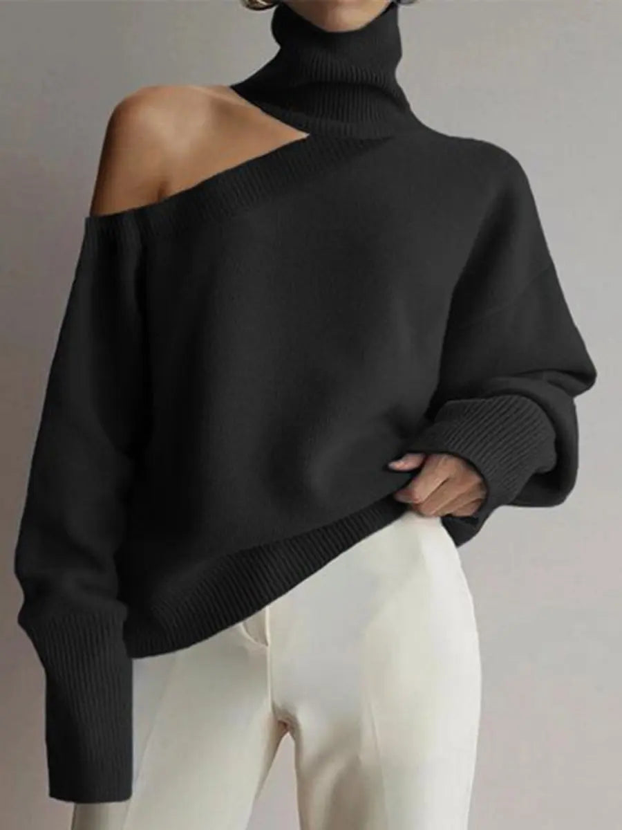 Single shoulder sleeve turtleneck pullover sweater Solid color Fashion Street Elegant Autumn