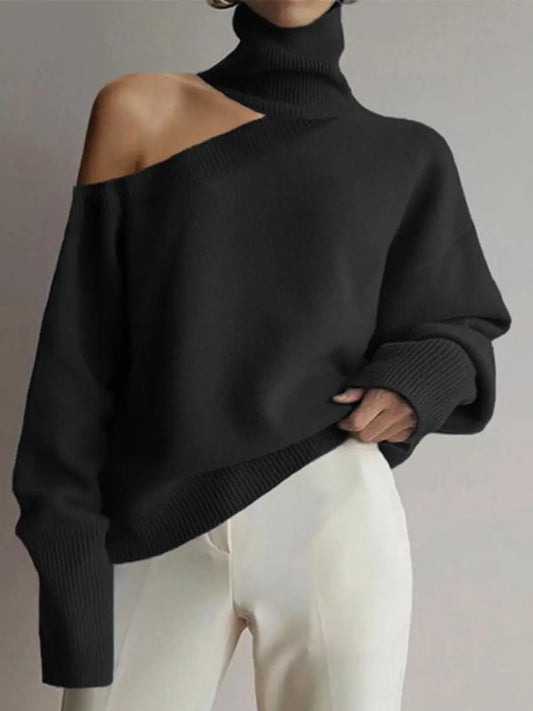 Single shoulder sleeve turtleneck pullover sweater Solid color Fashion Street Elegant Autumn