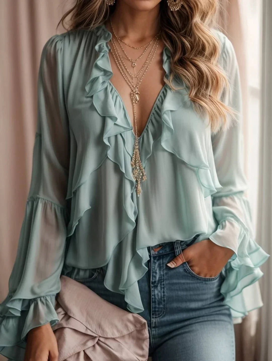 Women's Shirt Elegant Cascading Ruffled Layered  V-Neck Trumpet Sleeve