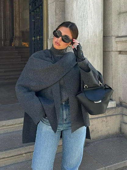 Autumn Winter New Female Cape Solid Long Sleeve Knitted Coat Fashion Scarf Collar Warm Women Short Jacket Elegant Streetwear