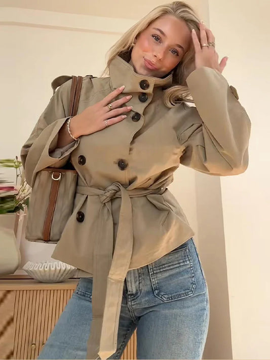 Belted Waist Cropped Trench Double Breasted Stand Collar Coat