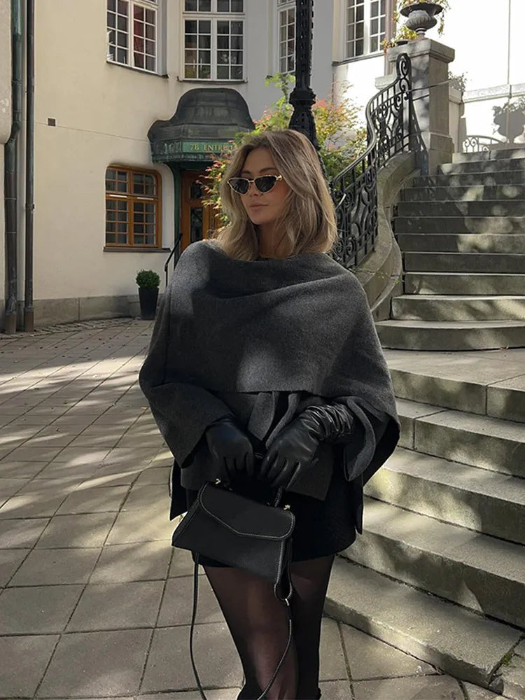 Autumn Winter New Female Cape Solid Long Sleeve Knitted Coat Fashion Scarf Collar Warm Women Short Jacket Elegant Streetwear