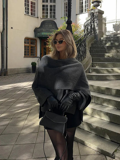 Autumn Winter New Female Cape Solid Long Sleeve Knitted Coat Fashion Scarf Collar Warm Women Short Jacket Elegant Streetwear