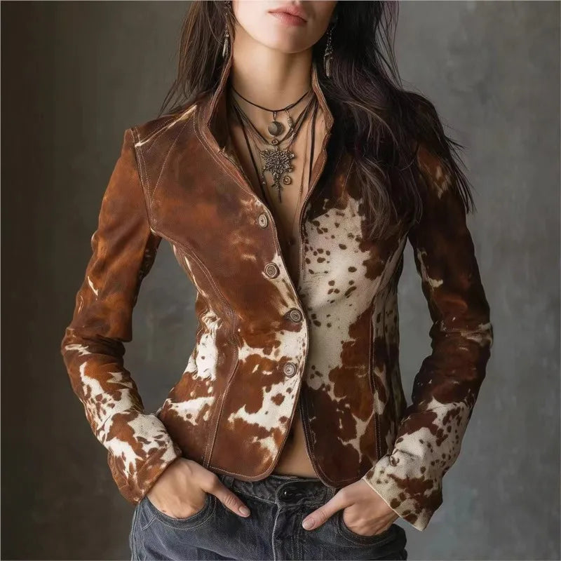 Vintage Printed Jacket Women Fashion Printed Lapel Patchwork Jackets