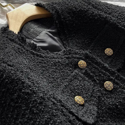 Black Tweed Style Cropped Elegant Socialite Long Sleeve Toping Thin Regular Crew Neck Jacket
