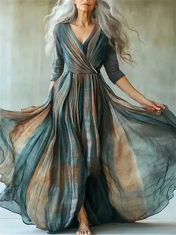 Long Sleeve Mesh Dress Vacation Vibes Full Skirt Chiffon Dress V-neck Ankle-length Regular Waistline