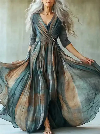 Long Sleeve Mesh Dress Vacation Vibes Full Skirt Chiffon Dress V-neck Ankle-length Regular Waistline