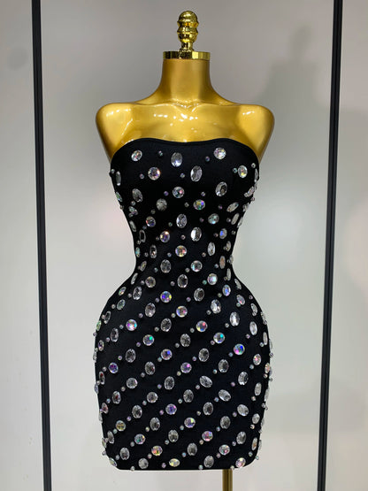 Sexy Rhinestones Bodycon Strapless Mini Dress Sleeveless Backless Fashion Evening Party Club