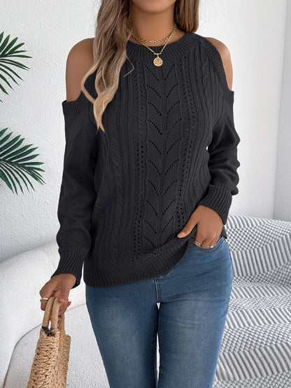 Off Shoulder Round Neck Pullover Hollow Out Twist Knitted Sweaters