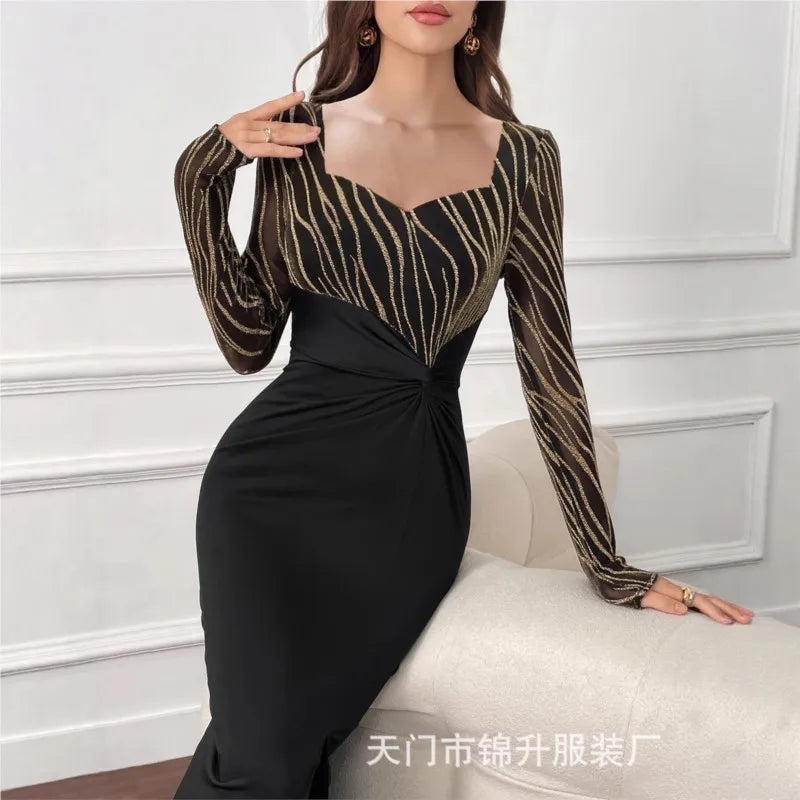 Bodycon Dress Cross V-Neck Long Sleeve Leopard