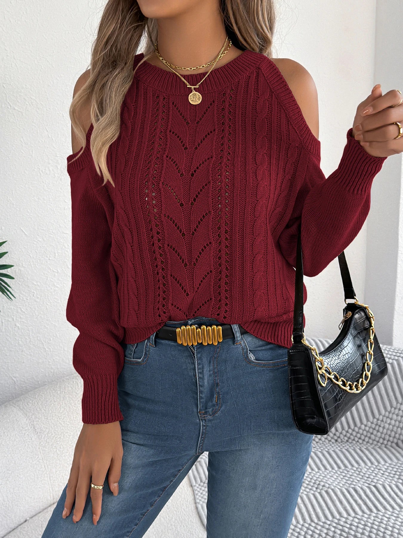 Off Shoulder Round Neck Pullover Hollow Out Twist Knitted Sweaters