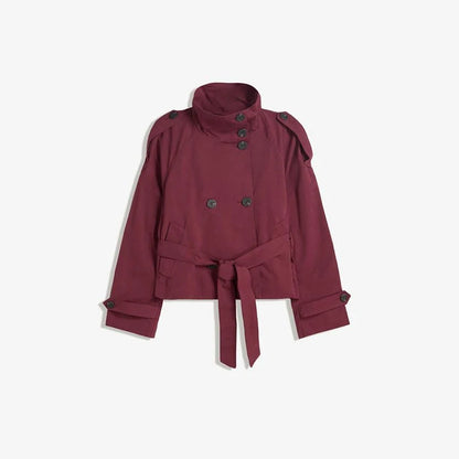 Belted Waist Cropped Trench Double Breasted Stand Collar Coat