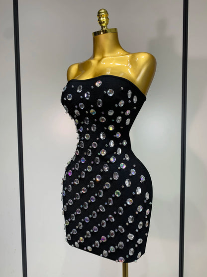 Sexy Rhinestones Bodycon Strapless Mini Dress Sleeveless Backless Fashion Evening Party Club