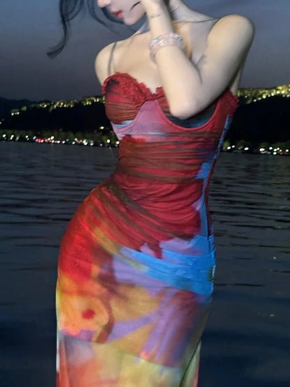 Colorful Print Maxi Dress Patchwork Lace Mesh Low-Neck Sleeveless Backles