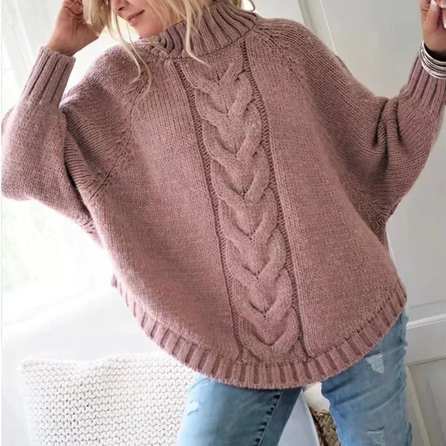 Cable Sweater  Women's Loose Fit High Neck Pullover