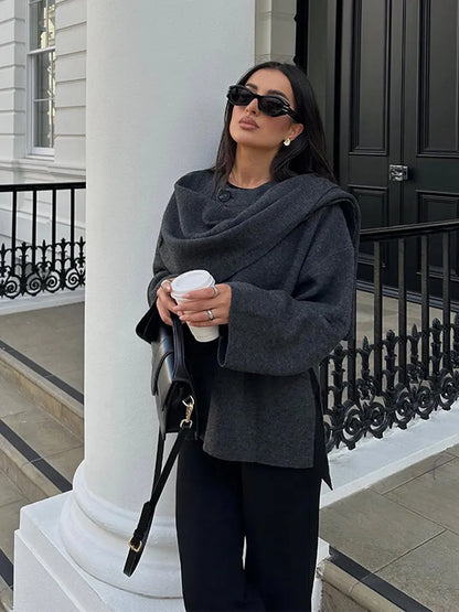 Autumn Winter New Female Cape Solid Long Sleeve Knitted Coat Fashion Scarf Collar Warm Women Short Jacket Elegant Streetwear