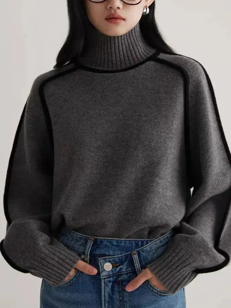 Knitted Hoodie Half High Collar Long Sleeve Splicing Commuter Style Warm Sweater