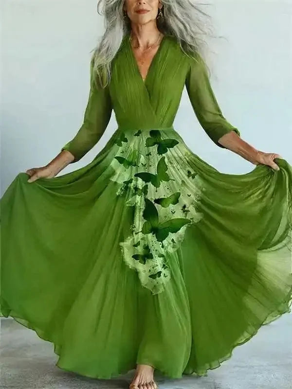 Long Sleeve Mesh Dress Vacation Vibes Full Skirt Chiffon Dress V-neck Ankle-length Regular Waistline