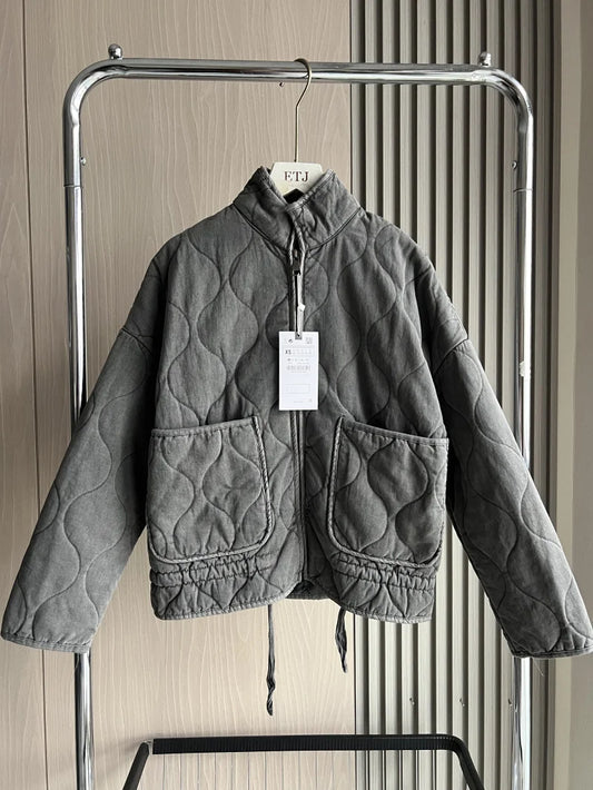 Cotton Jacket New Arrival Vintage High Collar Large Pocket Decorative Quilted Coat for Women