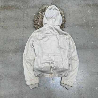 American Street Style Retro Fur Lined Hooded Jacket Womens White Zipper Coat Warm Plush Gothic Fashion