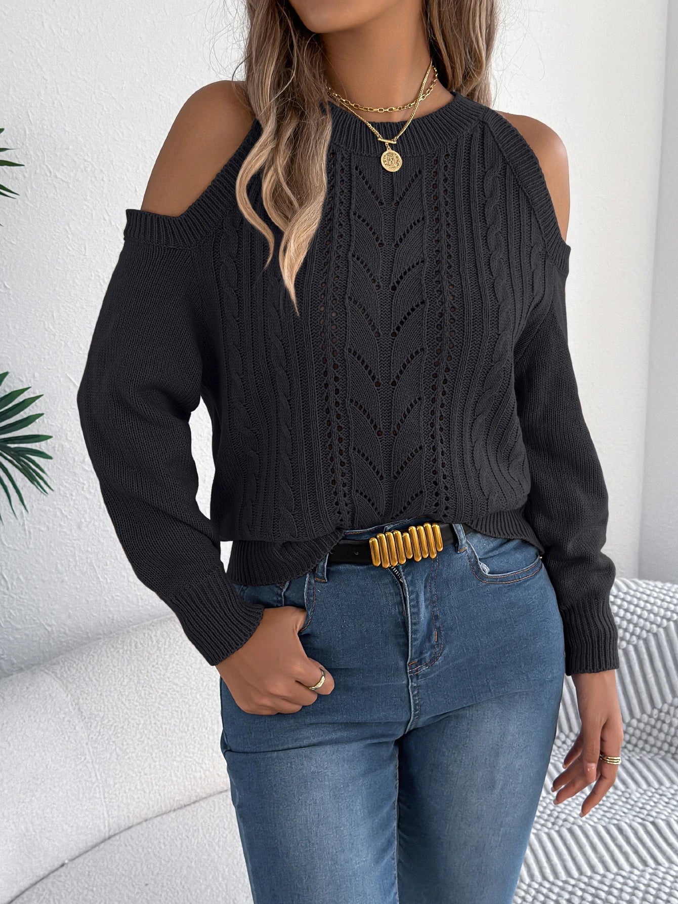 Off Shoulder Round Neck Pullover Hollow Out Twist Knitted Sweaters
