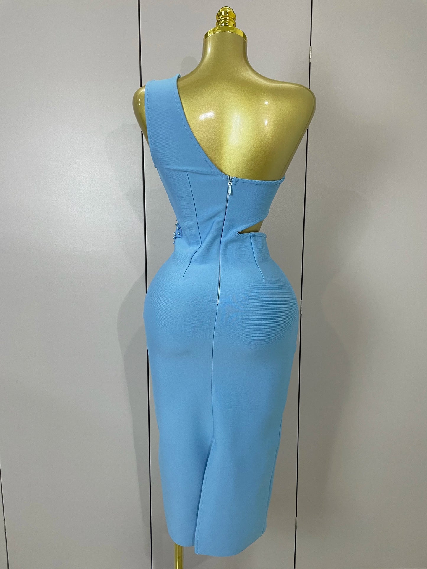 One Shoulder Pearl Sky Blue Bodycon Bandage Dress