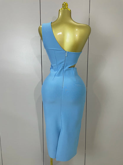 One Shoulder Pearl Sky Blue Bodycon Bandage Dress