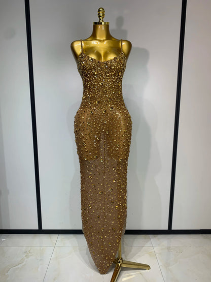 Sleeveless Rhinestone Bodycon Maxi Long Dress