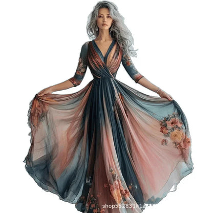 Long Sleeve Mesh Dress Vacation Vibes Full Skirt Chiffon Dress V-neck Ankle-length Regular Waistline