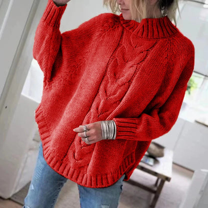 Cable Sweater  Women's Loose Fit High Neck Pullover