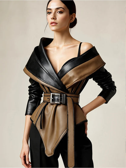 PU Faux Leather Jacket for Women's One Shoulder Splice Irregular Hem Long Sleeve Leather Coat