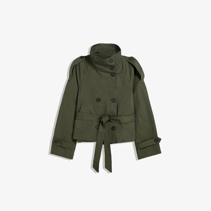 Belted Waist Cropped Trench Double Breasted Stand Collar Coat