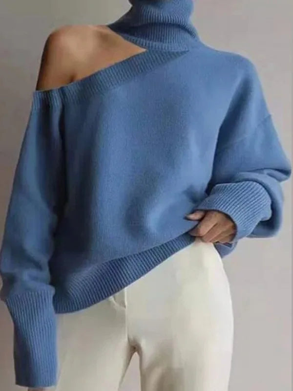 Single shoulder sleeve turtleneck pullover sweater Solid color Fashion Street Elegant Autumn