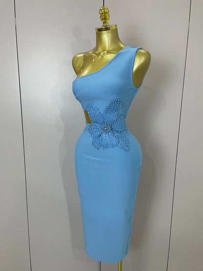 One Shoulder Pearl Sky Blue Bodycon Bandage Dress