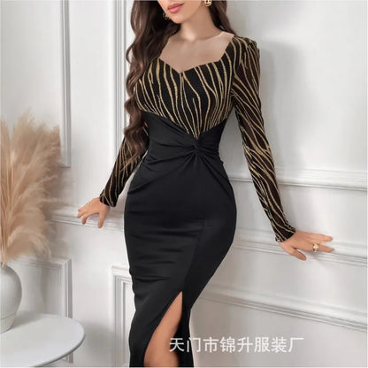 Bodycon Dress Cross V-Neck Long Sleeve Leopard