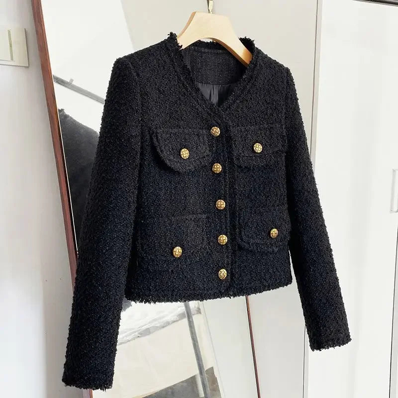 Black Tweed Style Cropped Elegant Socialite Long Sleeve Toping Thin Regular Crew Neck Jacket